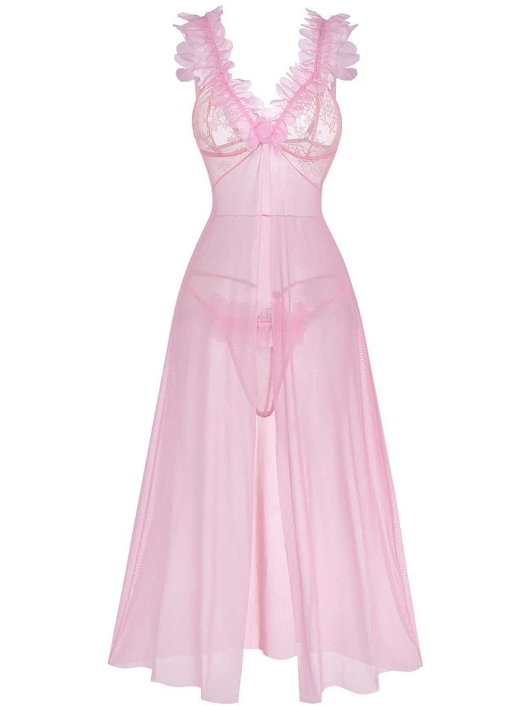 Ensemble de lingerie en dentelle transparente motif floral 3D rose années 1930