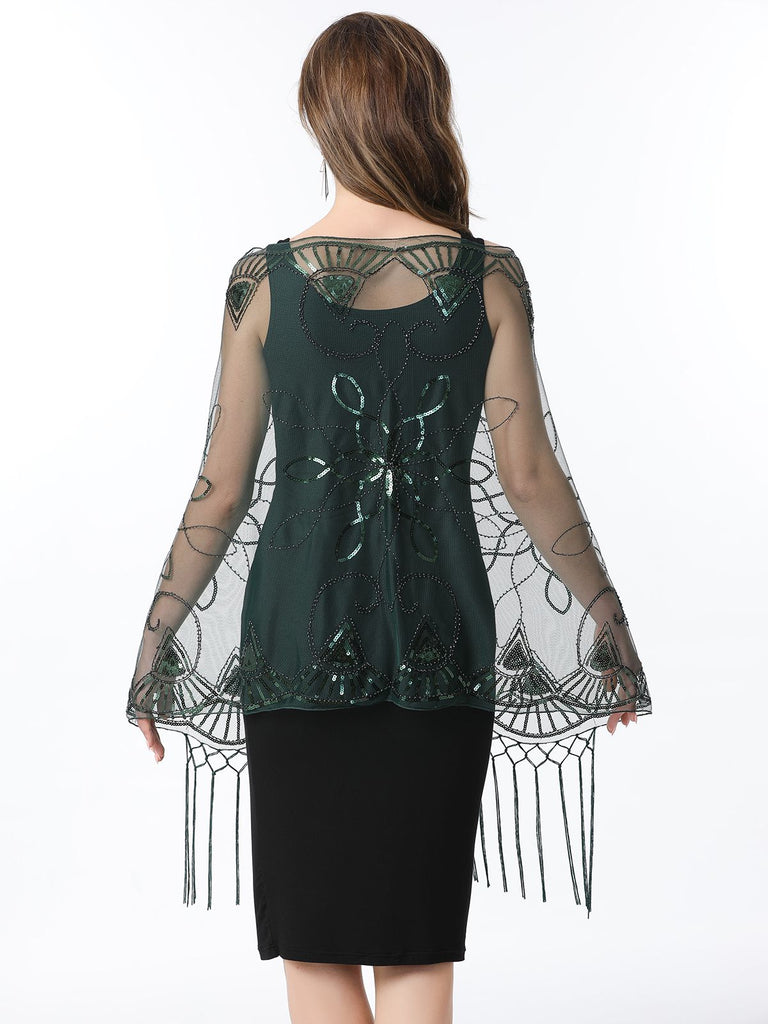 Cape en maille à paillettes et pompons des années 1920