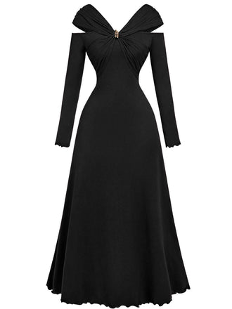 Robe plissée bordeaux épaules dénudées et manches longues années 1940