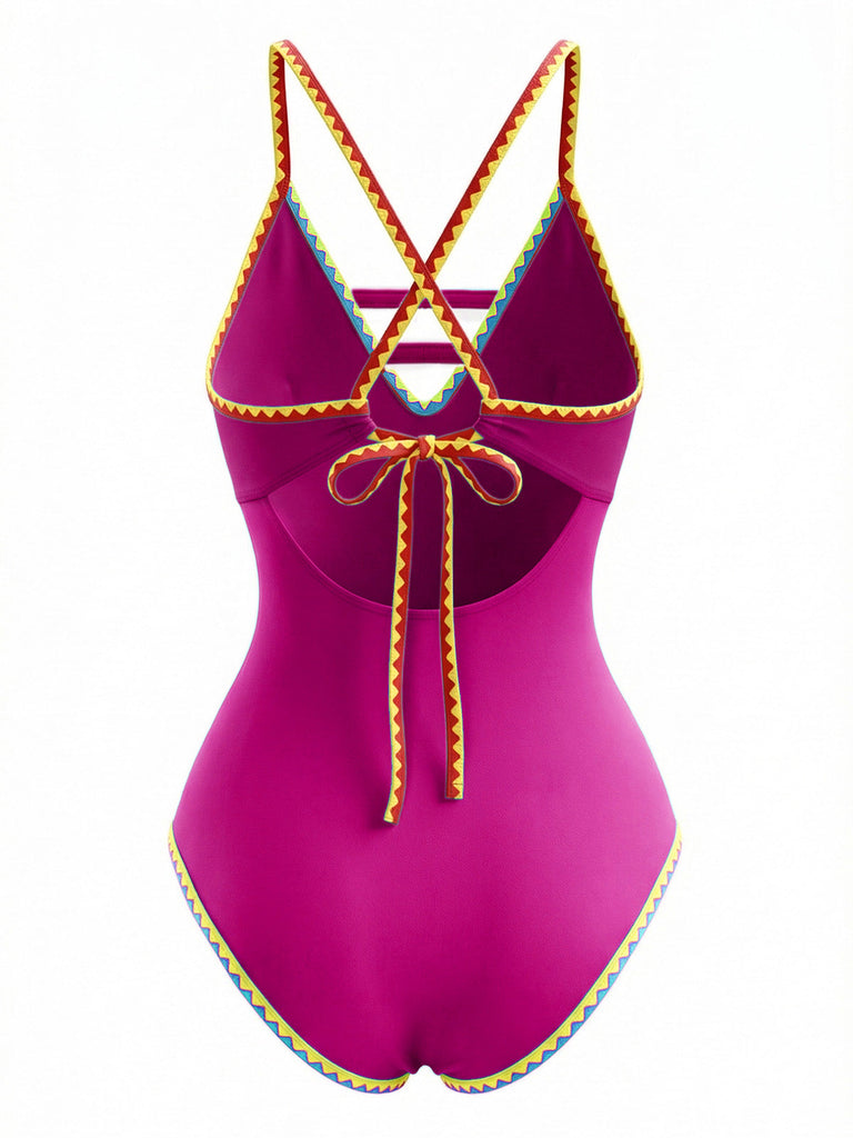 Maillot de bain une pièce à bretelles découpées color block années 1970