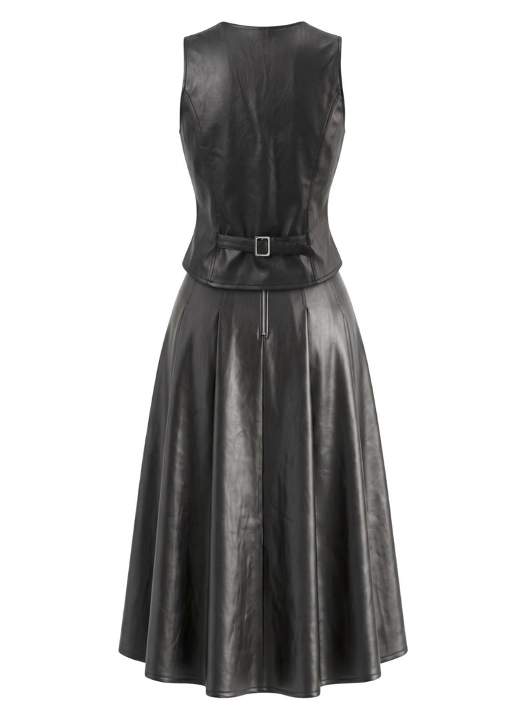 2PCS Gilet court noir PU à col V et jupe années 1970