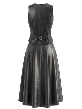 2PCS Gilet court noir PU à col V et jupe années 1970