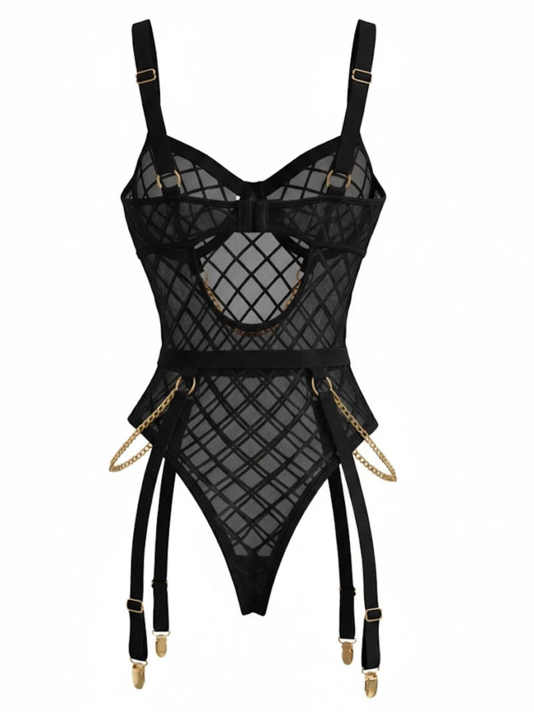 Lingerie en résille transparente à bretelles et chaînes années 1970