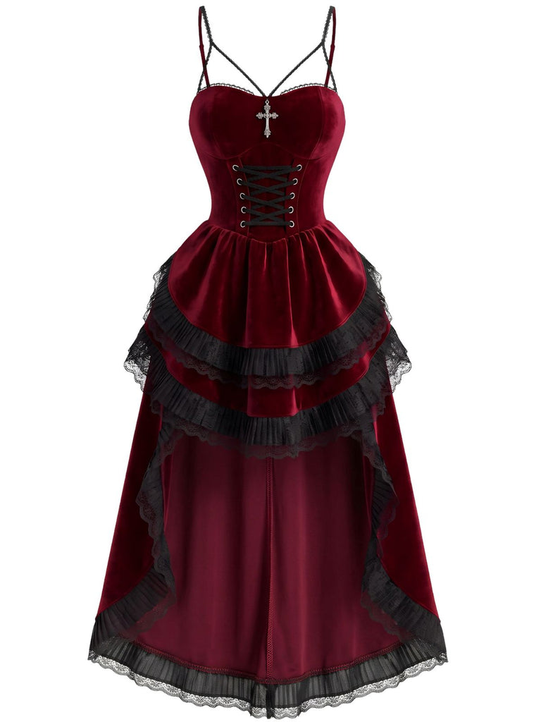 Robe gothique d’Halloween en velours à traîne asymétrique années 1940