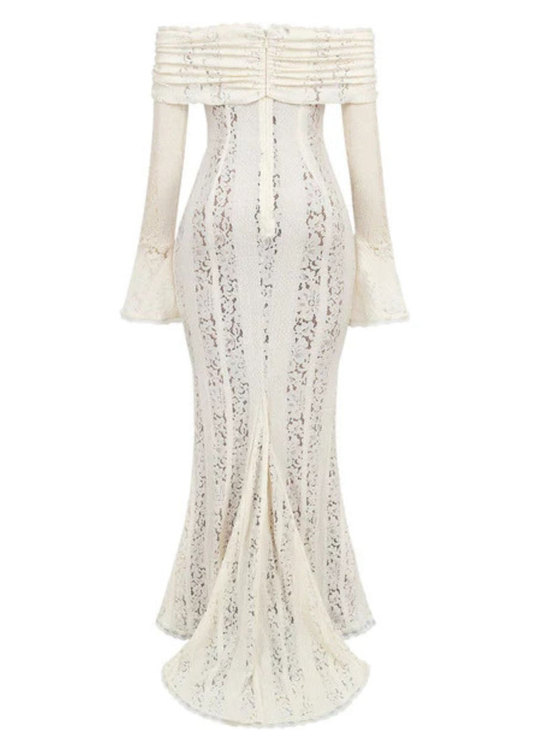 Robe sirène maxi en dentelle à épaules dénudées et manches évasées années 1930