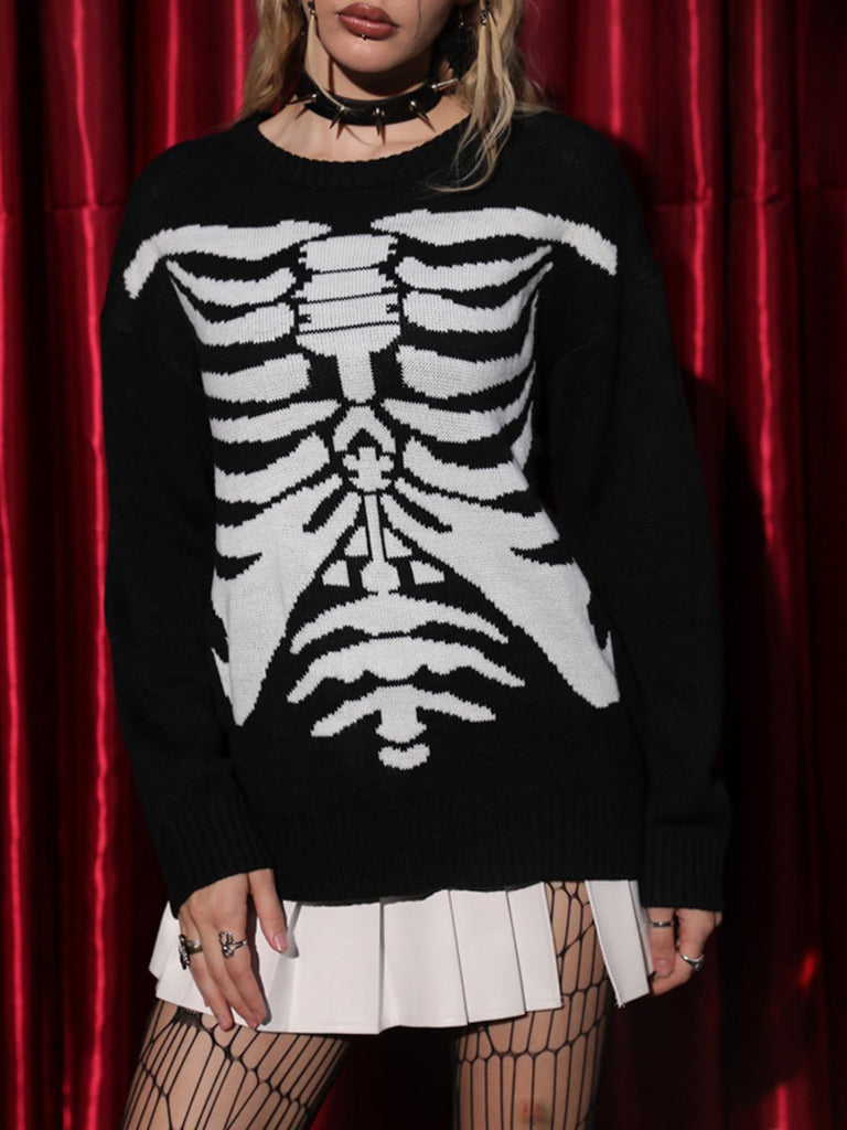 Pull en tricot noire à squelette Halloween années 1950