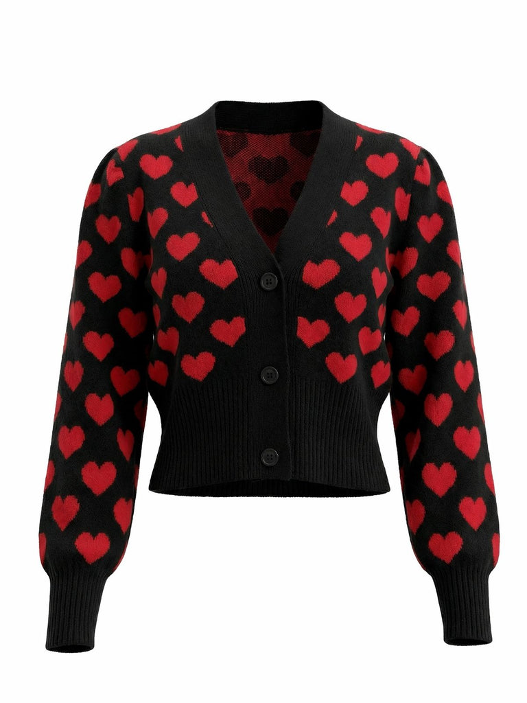 Gilet court en maille noire à motif cœur de la Saint-Valentin années 1960