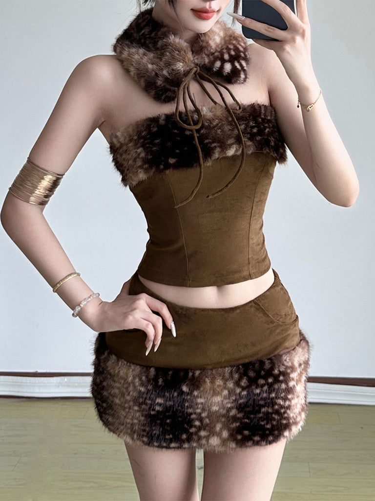 Jupe marron à motif cerf des années 1980