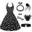 Robe ceinturée à pois contrastés dos nu noir des années 1950 et ensemble d'accessoires