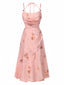 Robe rose à bretelles en satin fleuri et col licou des années 1930