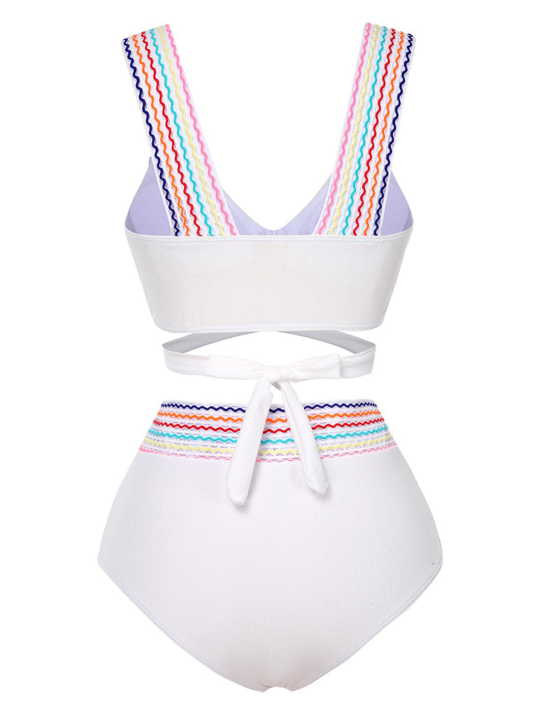 Ensemble bikini à bretelles larges noué dans le dos colorblock des années 1940