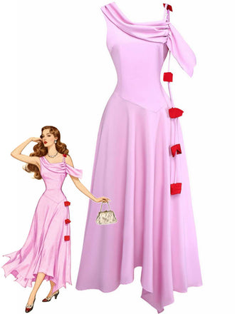 Robe midi asymétrique drapée à une épaule des années 1980