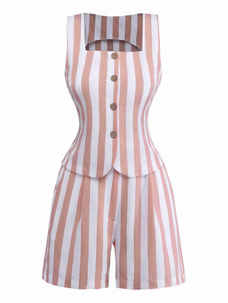 2PCS Gilet sans manches et short rayés kaki à col carré années 1960