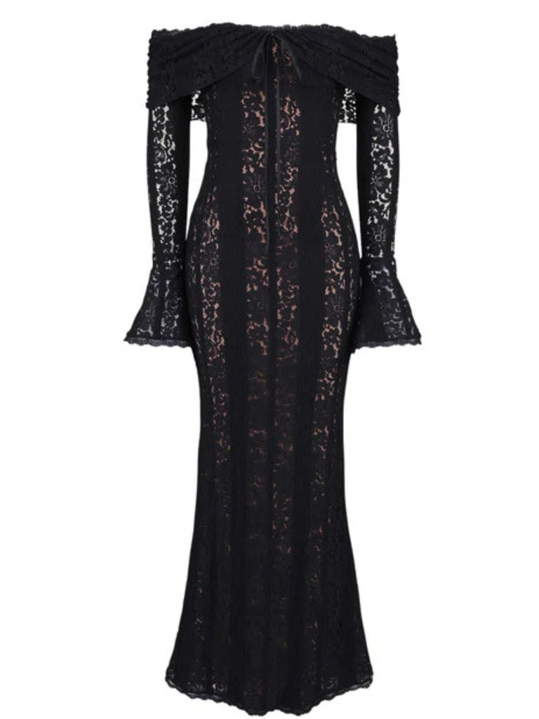 Robe sirène maxi en dentelle à épaules dénudées et manches évasées années 1930