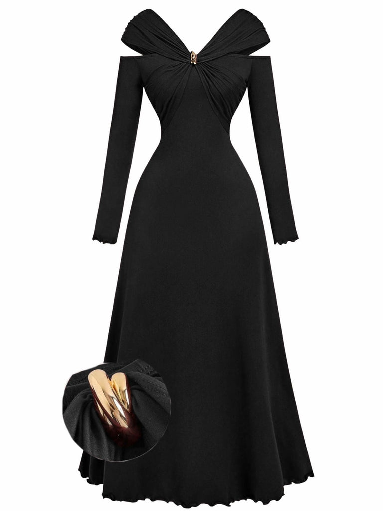 Robe plissée bordeaux épaules dénudées et manches longues années 1940