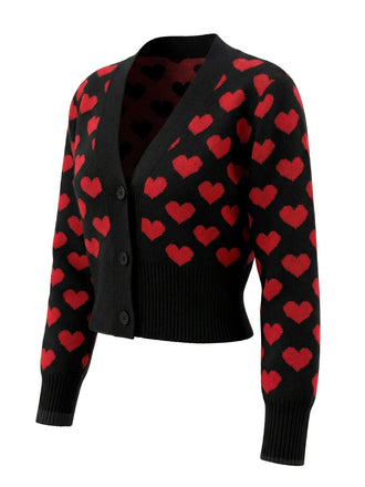 Gilet court en maille noire à motif cœur de la Saint-Valentin années 1960