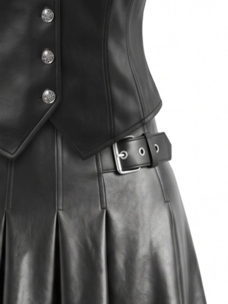 2PCS Gilet court noir PU à col V et jupe années 1970