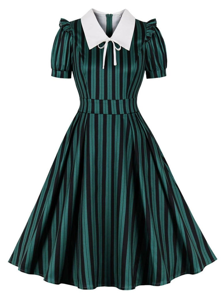 Robe trapèze verte à rayures et col revers années 1950