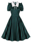 Robe trapèze verte à rayures et col revers années 1950