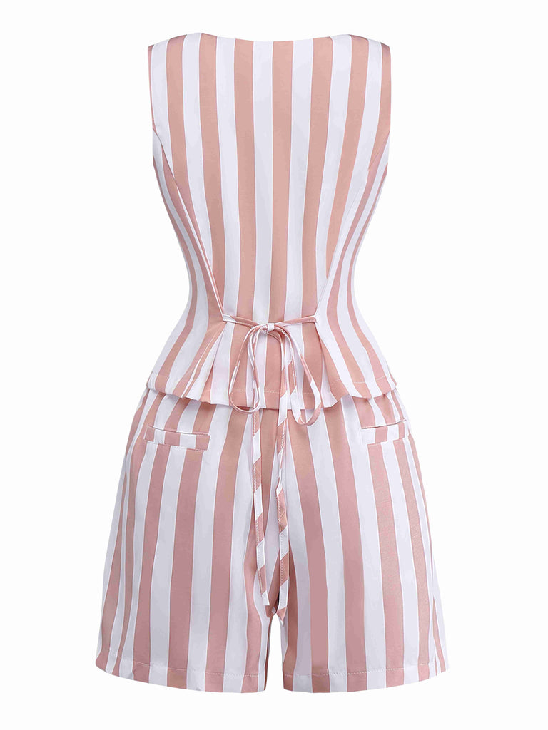 2PCS Gilet sans manches et short rayés kaki à col carré années 1960