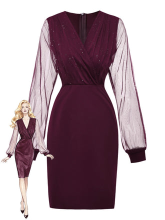 Robe moulante en résille paillettes unie et col en V années 1960