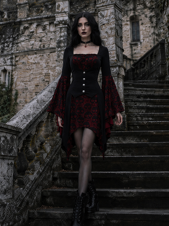 Robe boutonnée en dentelle à motif tête de mort rouge vin noir des années 40