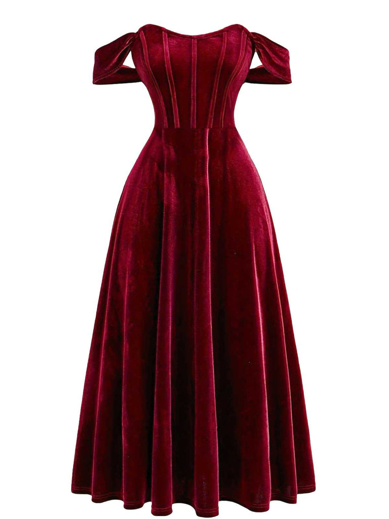 Robe de soirée corsetée en velours rouge bordeaux années 1930