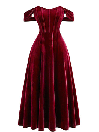 Robe de soirée corsetée en velours rouge bordeaux années 1930
