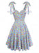 Robe Courte Bleue Marguerites Col V Fente Années 1960