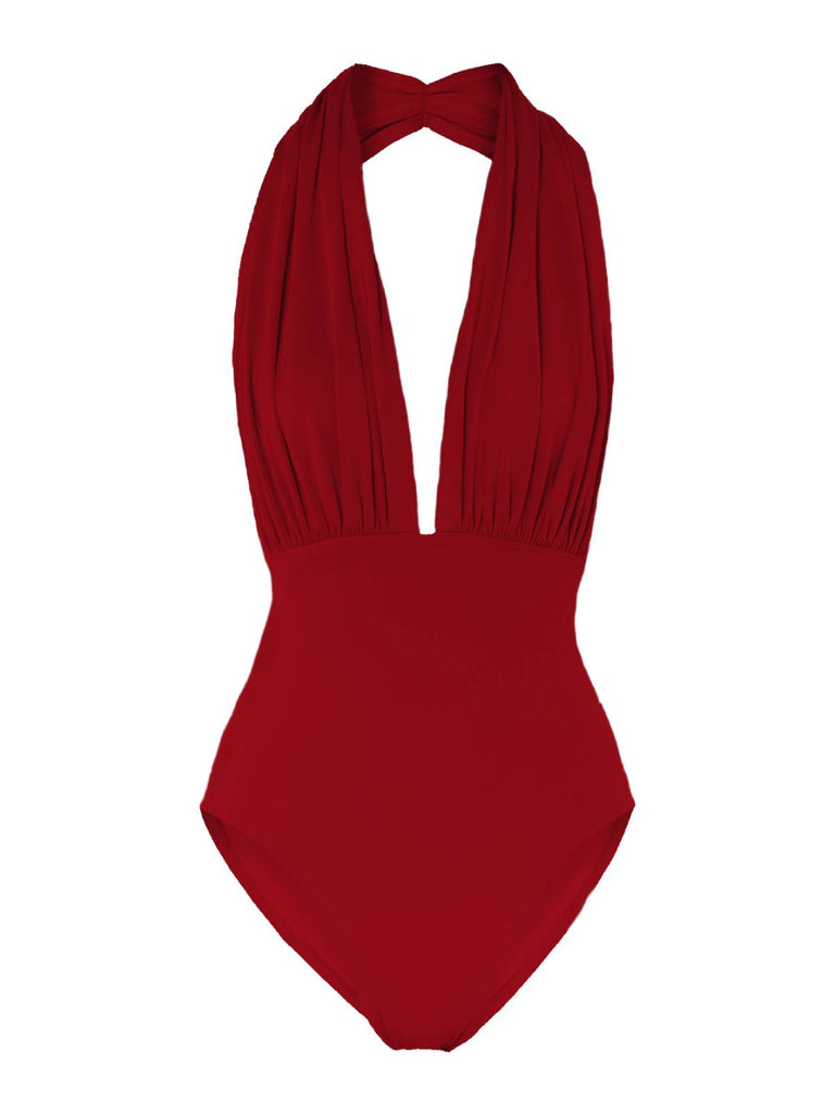 Maillot de Bain Une Pièce Rétro Décolleté Plongeant Rouge 2