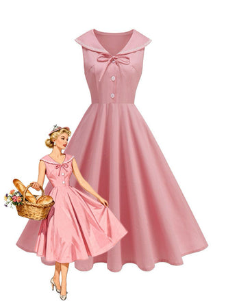 Robe sans manches col marin et nœud papillon couleur unie années 1950
