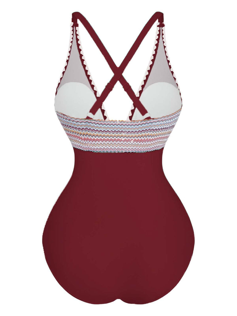 Maillot De Bain Une Pièce Col V Profond Ondulé Patchwork Année 1940