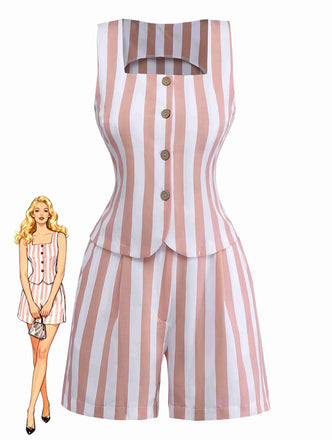 2PCS Gilet sans manches et short rayés kaki à col carré années 1960