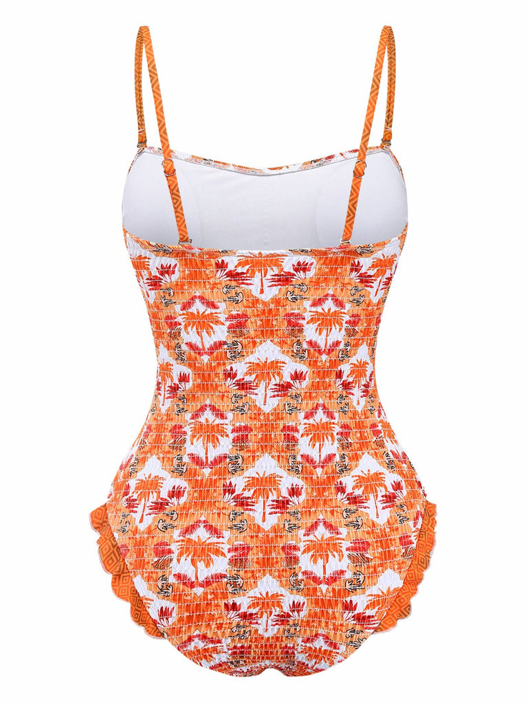 Maillot de bain orange imprimé cocotier tropical années 1960