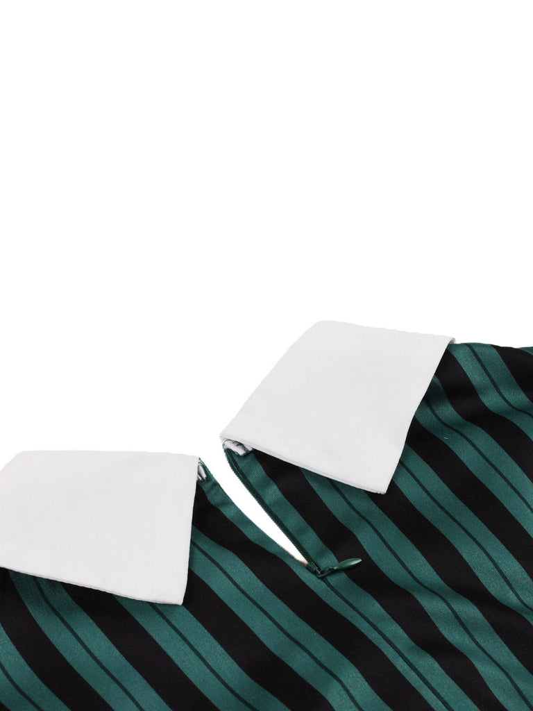 Robe trapèze verte à rayures et col revers années 1950