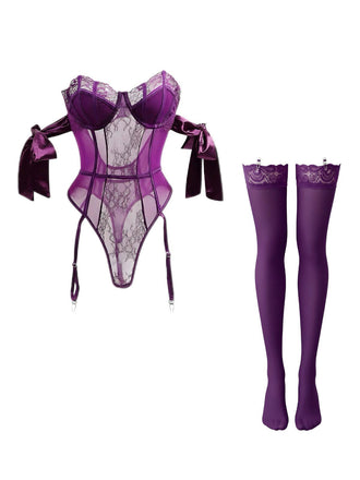 Ensemble pyjama body à nœud papillon uni avec bas assortis années 1980