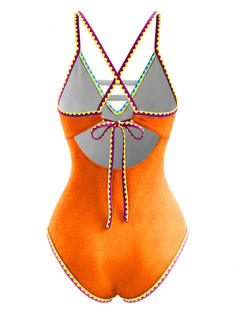 Maillot de bain une pièce à bretelles découpées color block années 1970