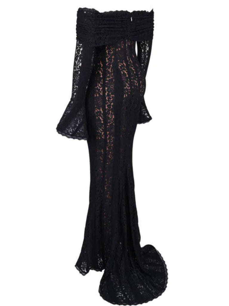 Robe sirène maxi en dentelle à épaules dénudées et manches évasées années 1930