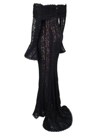 Robe sirène maxi en dentelle à épaules dénudées et manches évasées années 1930