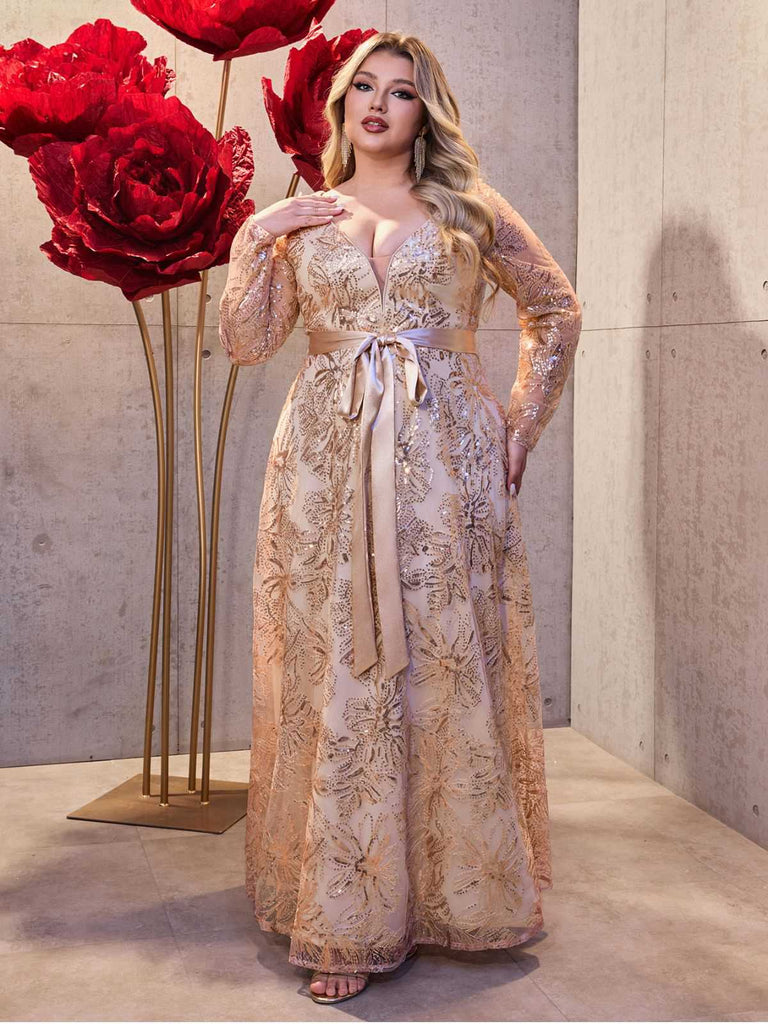 [Grande Taille] Robe en résille col en V profond dos nu à paillettes dorés style années 30