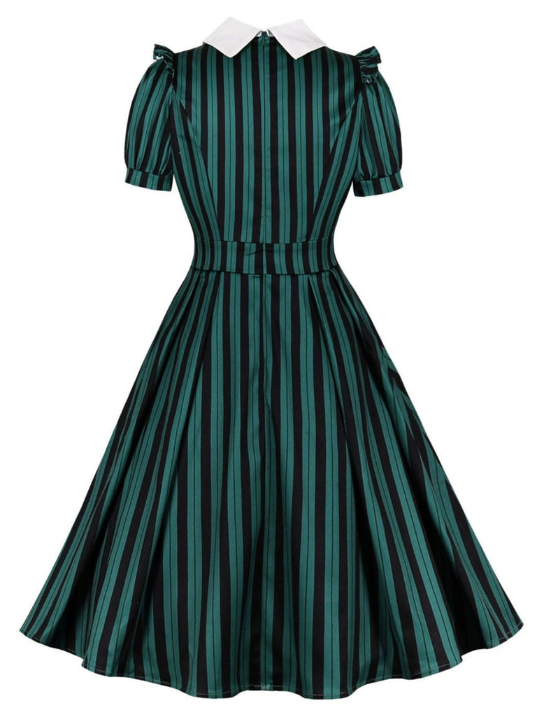 Robe trapèze verte à rayures et col revers années 1950
