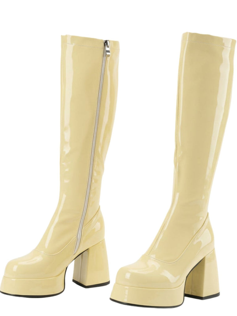 Bottes en cuir PU à bout rond, plateforme et talon épais