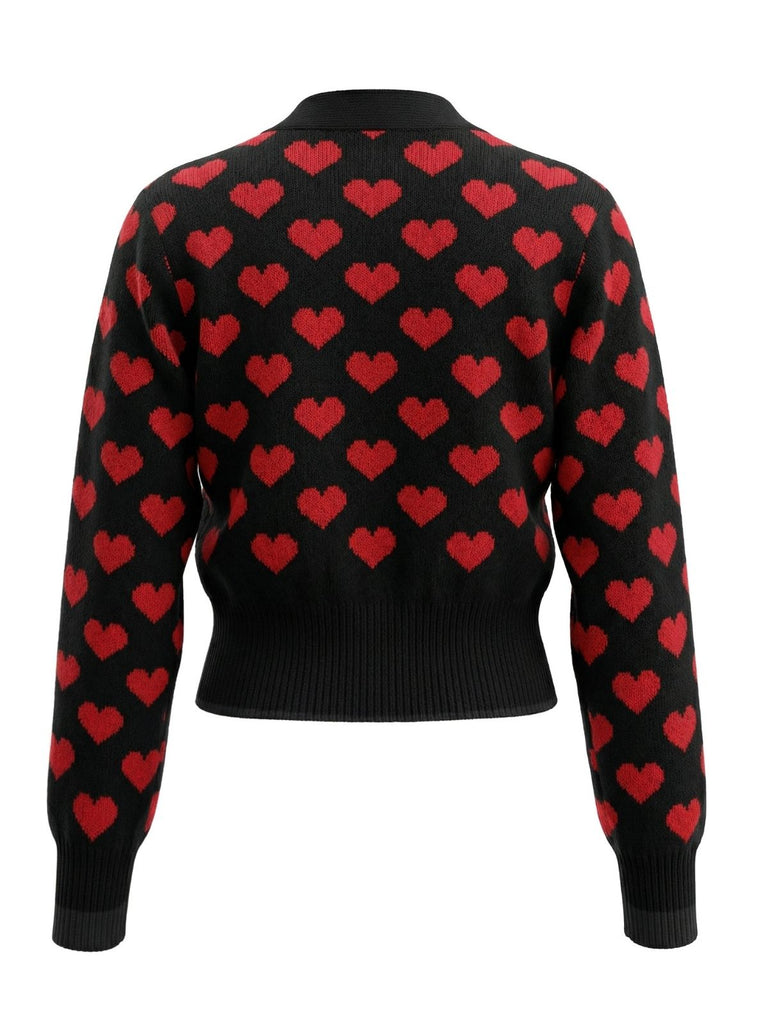Gilet court en maille noire à motif cœur de la Saint-Valentin années 1960