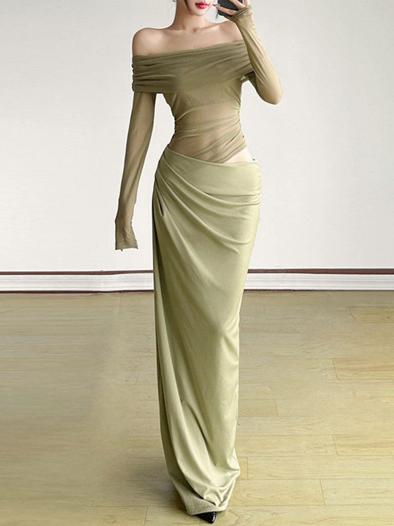 Robe transparente unie à épaules dénudées en résille ajourée années 1980