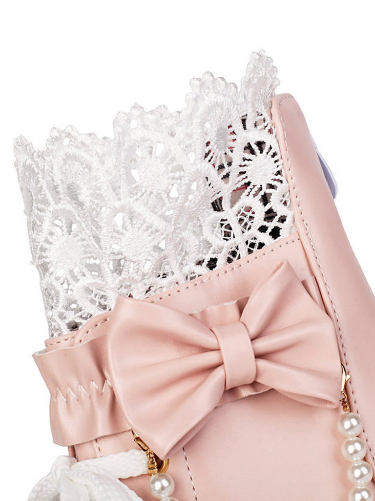 Bottes À Talons Épais Dentelle Perles Nœud Vintage