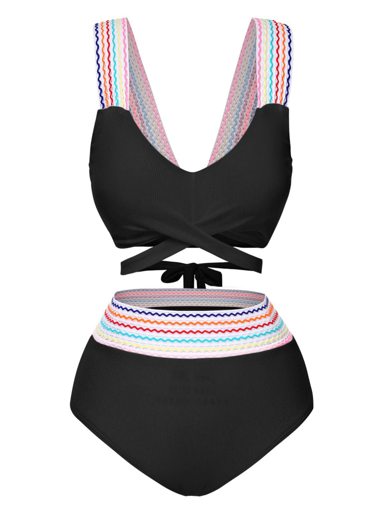 Ensemble bikini à bretelles larges noué dans le dos colorblock des années 1940