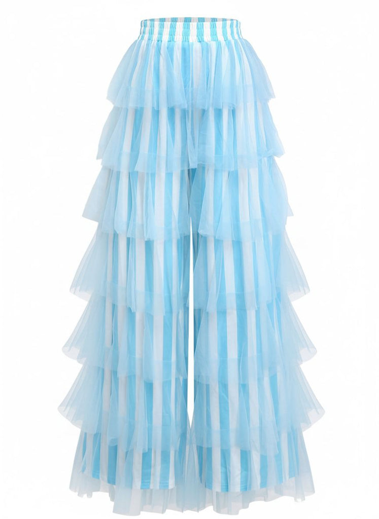 Pantalon à rayures verticales en maille et à volants étagés années 1970