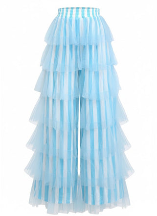 Pantalon à rayures verticales en maille et à volants étagés années 1970