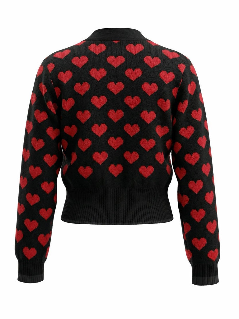 Gilet court en maille noire à motif cœur de la Saint-Valentin années 1960