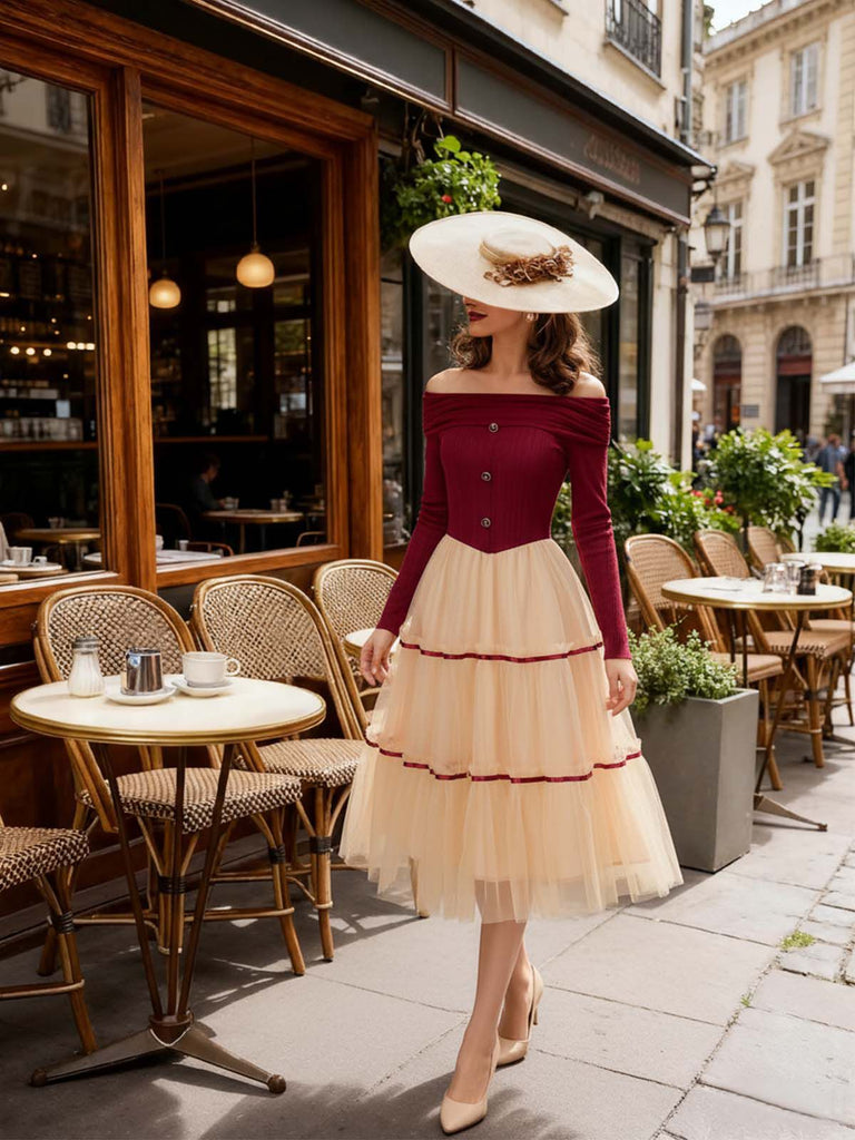 [Pré-vente] Robe trapèze en tulle tricoté et épaules dénudées rouge années 1950